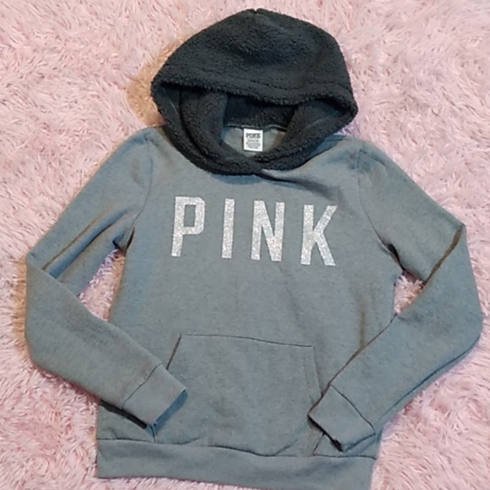 Victoria's secret pink gray Sherpa hood hoodie